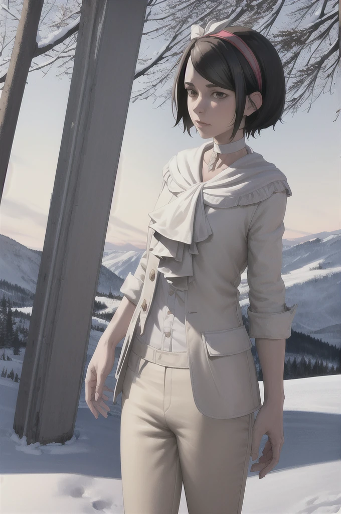 masterpiece, best quality, 1girl, ekaldwin, black hair, short hair, brown eyes, hairband, choker, white pants, upper body, looking at viewer, outdoors, winter, snow, trees, moutains in background