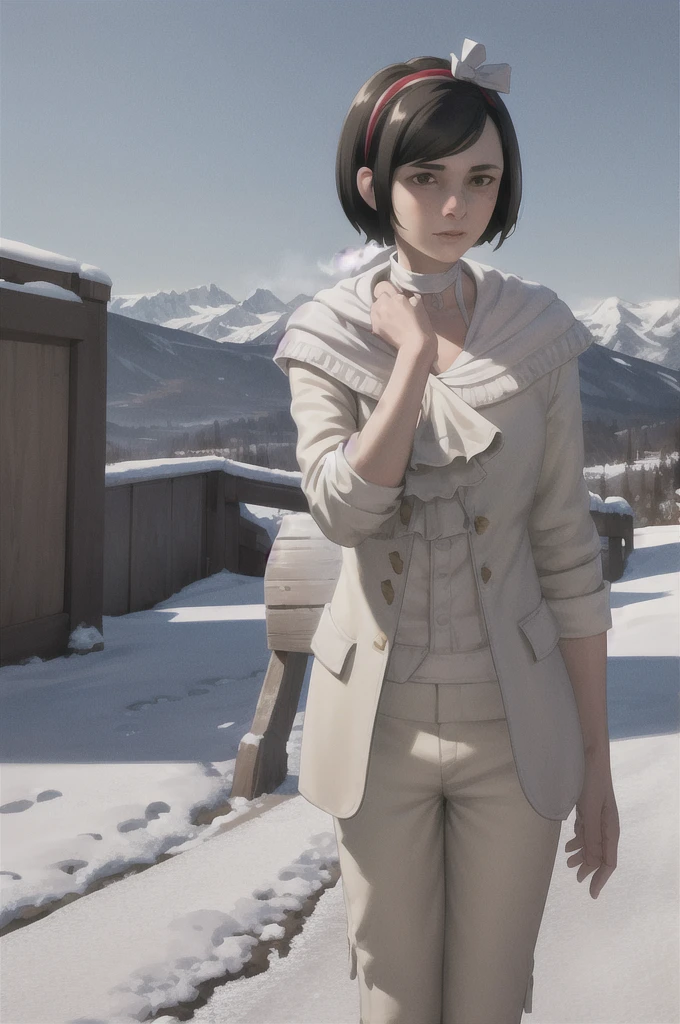 masterpiece, best quality, 1girl, ekaldwin, black hair, short hair, brown eyes, hairband, choker, white pants, upper body, looking at viewer, outdoors, winter, snow, trees, moutains in background