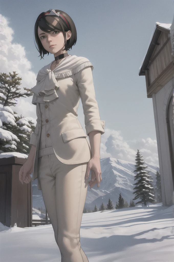 masterpiece, best quality, 1girl, ekaldwin, black hair, short hair, brown eyes, hairband, choker, white pants, upper body, looking at viewer, outdoors, winter, snow, trees, moutains in background