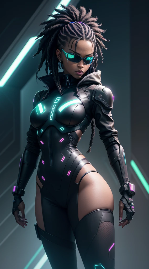 Cyberpunk style, ebony avatar, cyberspace, wireframe, matrix, tron, minimal, abstract, virtual reality, matrix black background, (neon background), neon lights, virtual interface, looking at camera, (ebony), dreads, sexy, thic, vr headset