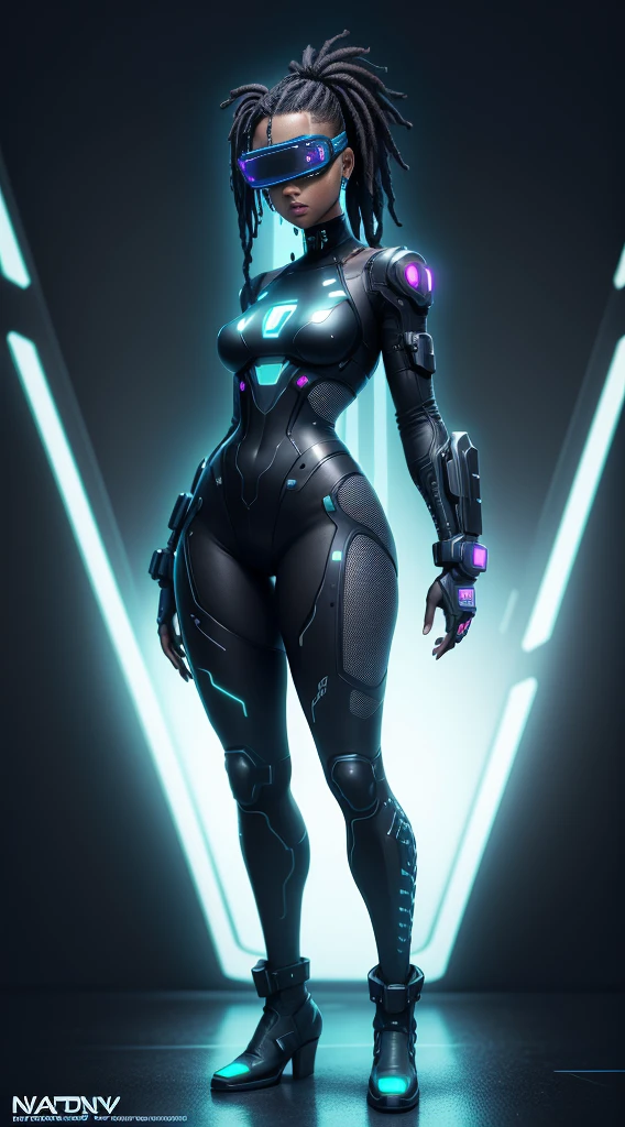 Cyberpunk style, ebony avatar, cyberspace, wireframe, matrix, tron, minimal, abstract, virtual reality, matrix black background, (neon background), neon lights, virtual interface, looking at camera, (ebony), dreads, sexy, thic, vr headset 