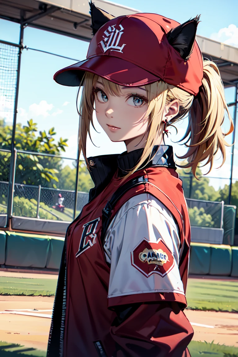 ((At the baseball field with the cat)),((Cat ears)), ((Sleeveless)),((Wine Red Baseball Cap)),((Wearing a wine red baseball uniform))、((Red jacket))、 Blonde Hair, 短めponytail, (Blonde Hair, short,ponytail), Pale blue eyes,Closed Mouth、Hoop Earrings, Jewelry,(Best Quality, 8k, Oil painting, Mastepiece:1.2), Super detailed, (Realism, It&#39;s photorealistic:1.37), (((Bust Shot))), (rabbit pose:1.2)