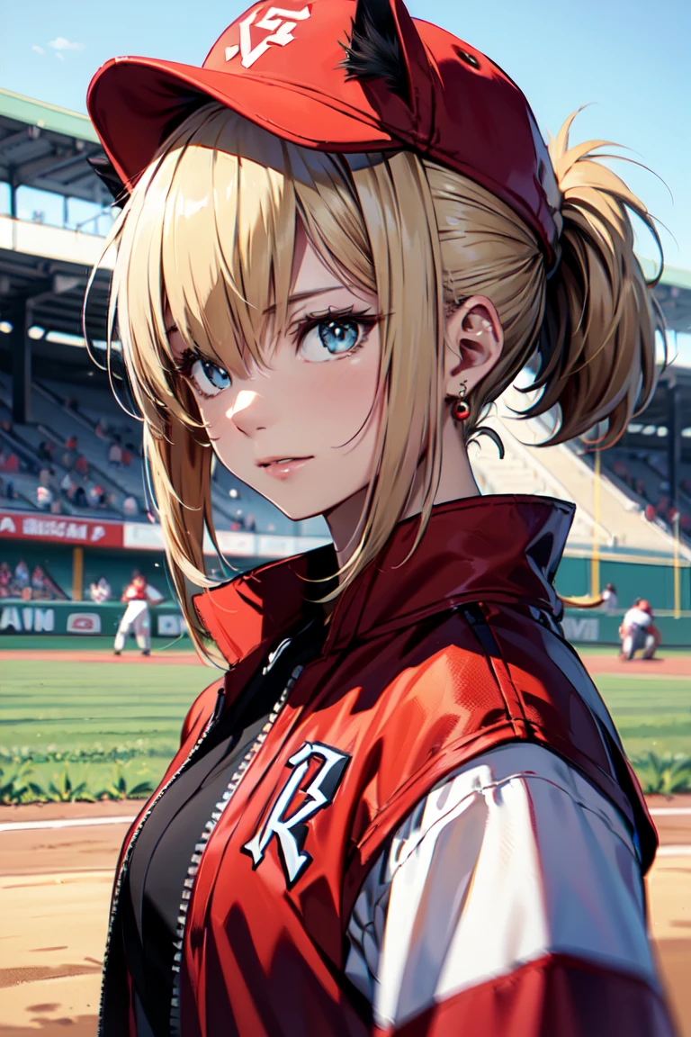 ((At the baseball field with the cat)),((Cat ears)), ((Sleeveless)),((Wine Red Baseball Cap)),((Wearing a wine red baseball uniform))、((Red jacket))、 Blonde Hair, 短めponytail, (Blonde Hair, short,ponytail), Pale blue eyes,Closed Mouth、Hoop Earrings, Jewelry,(Best Quality, 8k, Oil painting, Mastepiece:1.2), Super detailed, (Realism, It&#39;s photorealistic:1.37), (((Bust Shot))), (rabbit pose:1.2)