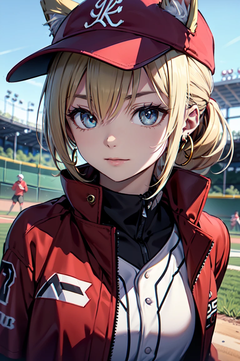 ((At the baseball field with the cat)),((Cat ears)), ((Sleeveless)),((Wine Red Baseball Cap)),((Wearing a wine red baseball uniform))、((Red jacket))、 Blonde Hair, 短めponytail, (Blonde Hair, short,ponytail), Pale blue eyes,Closed Mouth、Hoop Earrings, Jewelry,(Best Quality, 8k, Oil painting, Mastepiece:1.2), Super detailed, (Realism, It&#39;s photorealistic:1.37), (((Bust Shot))), (rabbit pose:1.2)