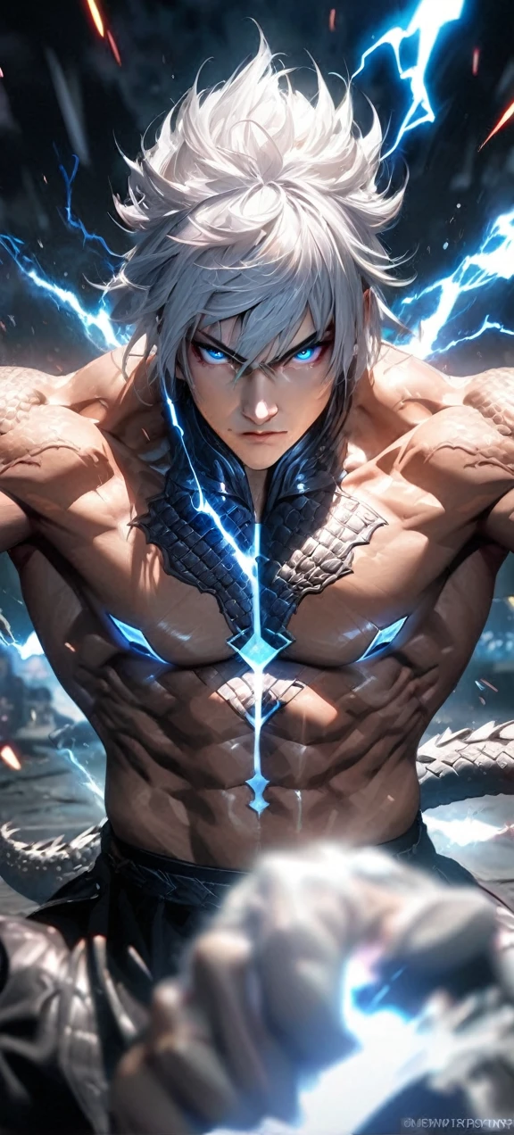  Far view,High quality, ultra realistic,absurdres, highres, ultra detailed, HDR, masterpiece, extremely detailed face and eyes, a cool topless fighter, cool pose, dragon on back, tekken, ,, cool white hair , solo, ,man, handsome, ,white eyeleshes, blue eyes ,explosive effect , ,black lightning  effect,glowing glitters ,  symetrical 