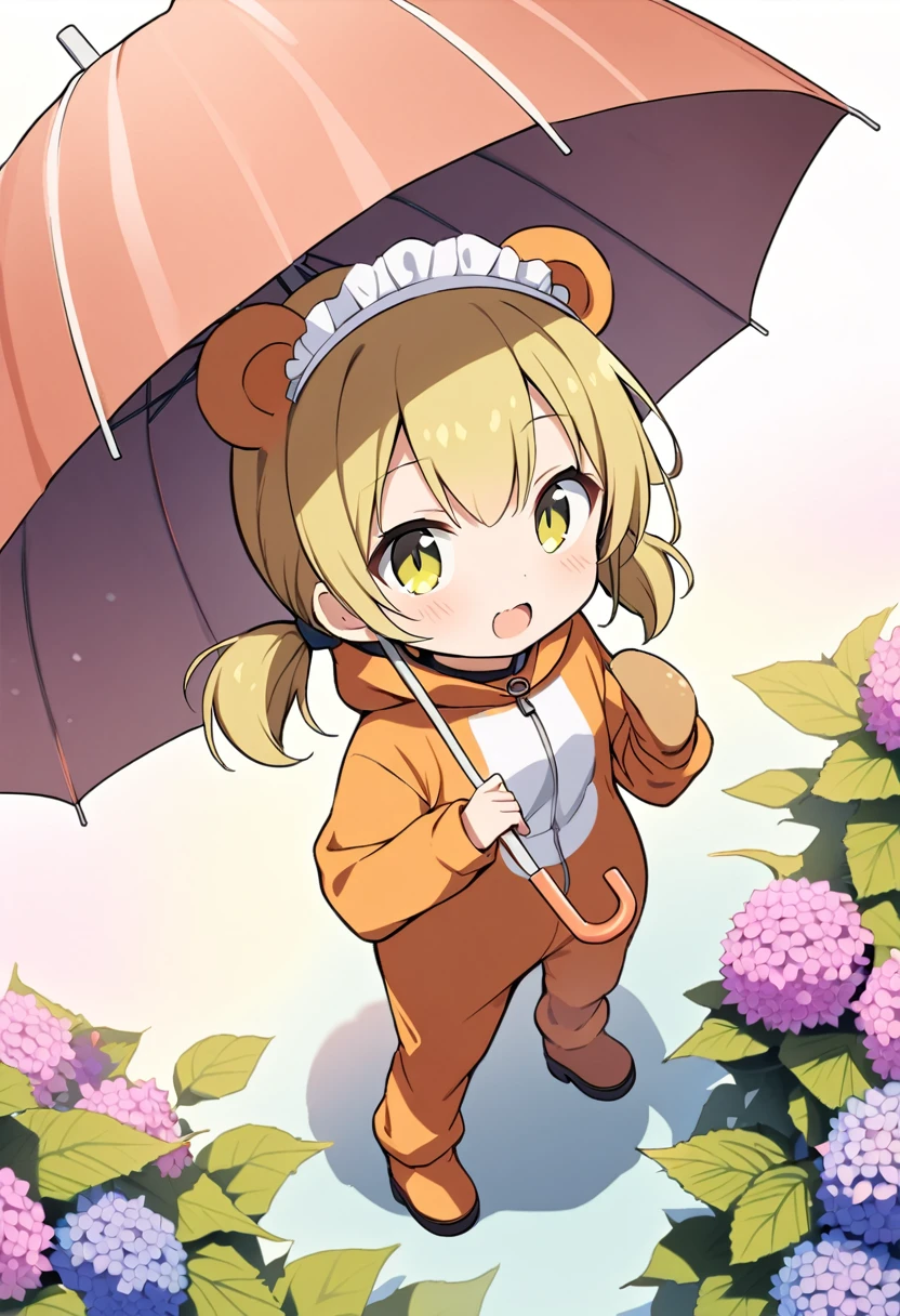 1girl,deltamon_beta, solo, (eyes highlight,((upturned eyes)),((Angle from above:1.3)),from above、Looking at camera,((umbrella:1.3)),
BREAK {ponytail |short twintails | long hair |layered cut|bob cut},{black hair|brown hair|blonde hair},((idol)),((loli,Maid)),((chibi,loli)), (((hydrangea),a lot of flowers)),(bear full body costume Kigurumi),((Holding an umbrella:1.3))