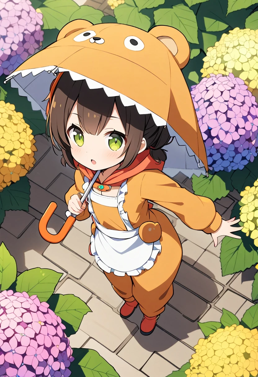 1girl,deltamon_beta, solo, (eyes highlight,((upturned eyes)),((Angle from above:1.3)),from above、Looking at camera,((umbrella:1.3)),
BREAK  {ponytail |short twintails | long hair |layered cut|bob cut},{black hair|brown hair|blonde hair},((idol)),((loli,Maid)),((chibi,loli)), (((hydrangea),a lot of flowers)),(bear full body costume Kigurumi),((Holding an umbrella:1.3))