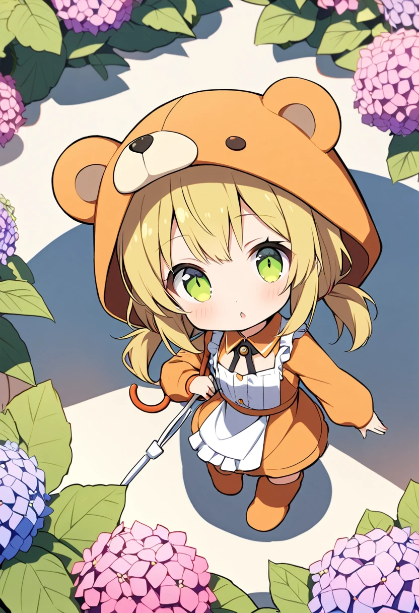 1girl,deltamon_beta, solo, (eyes highlight,((upturned eyes)),((Angle from above:1.3)),from above、Looking at camera,((umbrella:1.3)),
BREAK  {ponytail |short twintails | long hair |layered cut|bob cut},{black hair|brown hair|blonde hair},((idol)),((loli,Maid)),((chibi,loli)), (((hydrangea),a lot of flowers)),(bear full body costume Kigurumi),((Holding an umbrella:1.3))