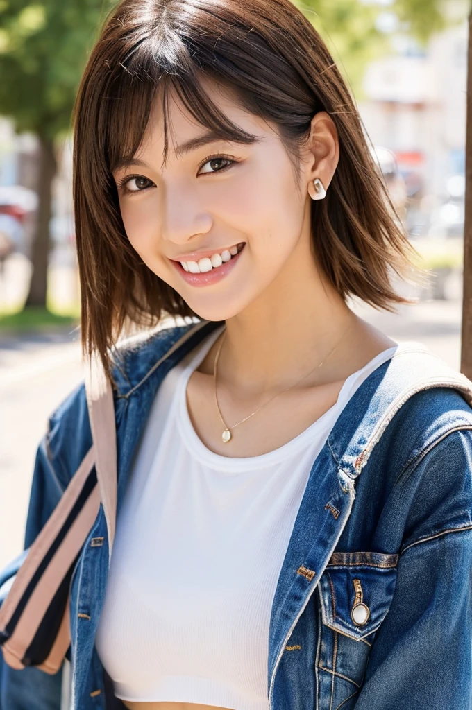 A penniless traveler woman with a backpack, dirty with mud and wearing tattered clothes, rural town in the western United States, rental house, senior year in college, ((full body)), ((photo)), ((best qualtiy, 8K, tmasterpiece:1.3)), Focus:1.2, perfect figure beautiful girl:1.4, 1girl, cowboy shot, look at viewer, incredibly absurd, beautiful and cute girl with a photorealistic face, showcasing top-quality craftsmanship, A Japanese woman walking around town as a backpacker, 20 years old, very short brown hair, short bangs, longer hair on the sides, soft hair with a beautiful flow, clear facial features, large light brown eyes, double eyelids, long eyelashes, small nose, plump pink lips, white teeth, impressive smile, gentle eyes, fair and smooth skin, tall, glamorous, slender, 163cm tall, large G-cup breasts, simple and casual style, fashion that emphasizes her chest, earrings, necklace, favorite camera, cheerful and energetic older sister, beautiful girl, pretty, leader, curious, proactive, positive, sticks to her beliefs, sociable, honest, good at encouraging others, polite, walks with a spring in her step, September