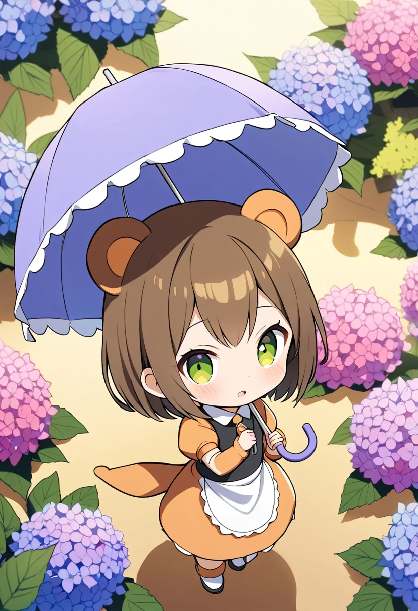 1girl,deltamon_beta, solo, (eyes highlight,((upturned eyes)),((Angle from above:1.3)),from above、Looking at camera,((umbrella:1.3)),
BREAK {ponytail |short twintails | long hair |layered cut|bob cut},{black hair|brown hair|blonde hair},((idol)),((loli,Maid)),((chibi,loli)), (((hydrangea),a lot of flowers)),(bear full body costume Kigurumi),((Holding an umbrella:1.3))
