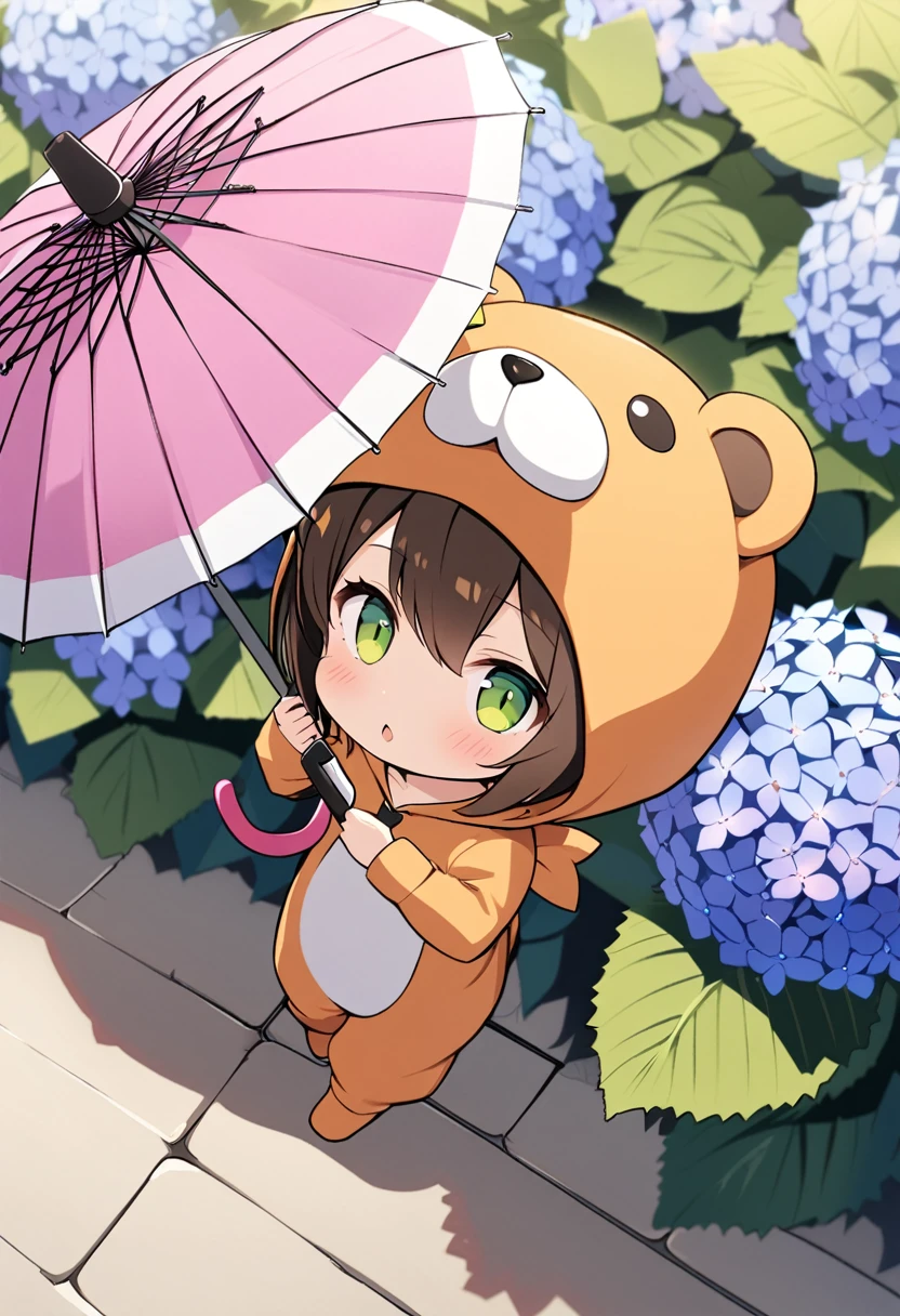 1girl,deltamon_beta, solo, (eyes highlight,((upturned eyes)),((Angle from above:1.3)),from above、Looking at camera,((umbrella:1.3)),
BREAK {ponytail |short twintails | long hair |layered cut|bob cut},{black hair|brown hair|blonde hair},((idol)),((loli,Maid)),((chibi,loli)), (((hydrangea),a lot of flowers)),(bear full body costume Kigurumi),((Holding an umbrella:1.3))