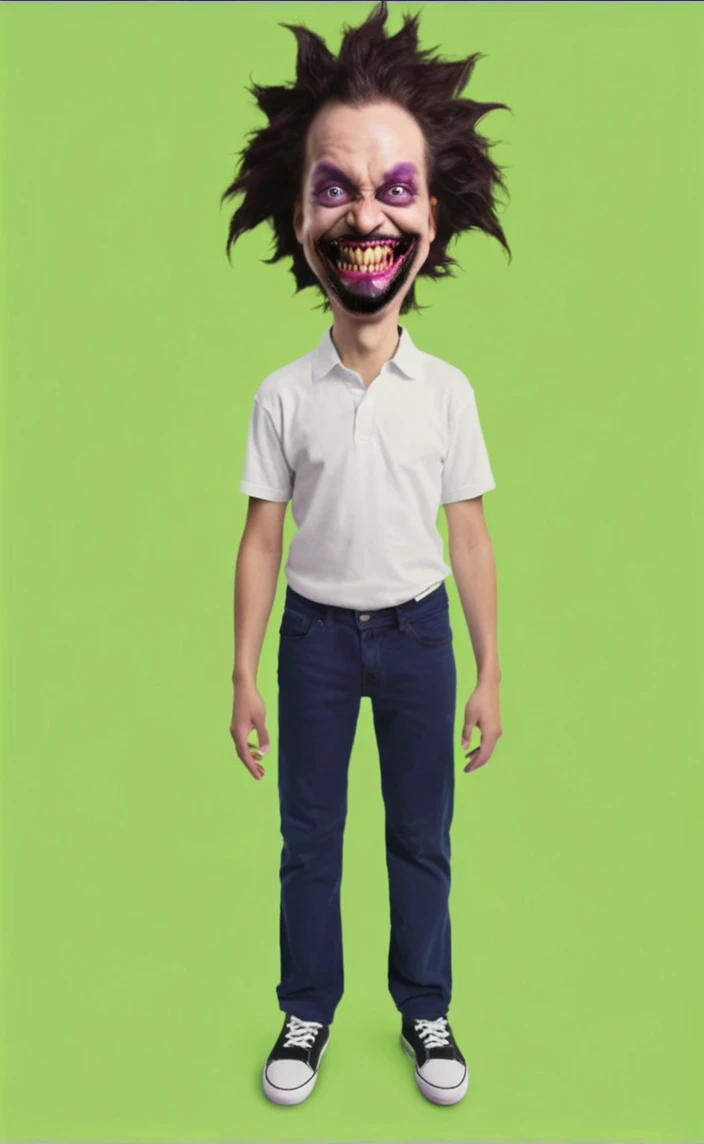 Reproduce this realistic tall photo,transform venom smile,purple skin,beggar's clothes,Eyes red,vampire style