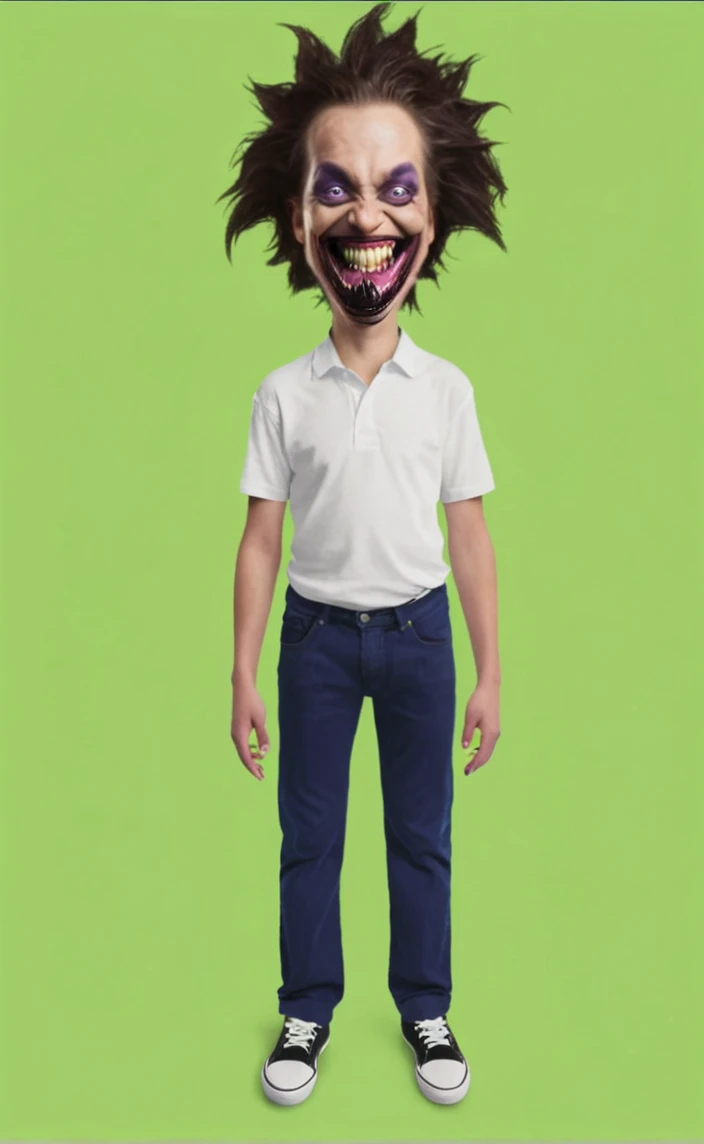 Reproduce this realistic tall photo,transform venom smile,purple skin,beggar&#39;s clothes,Eyes red,vampire style