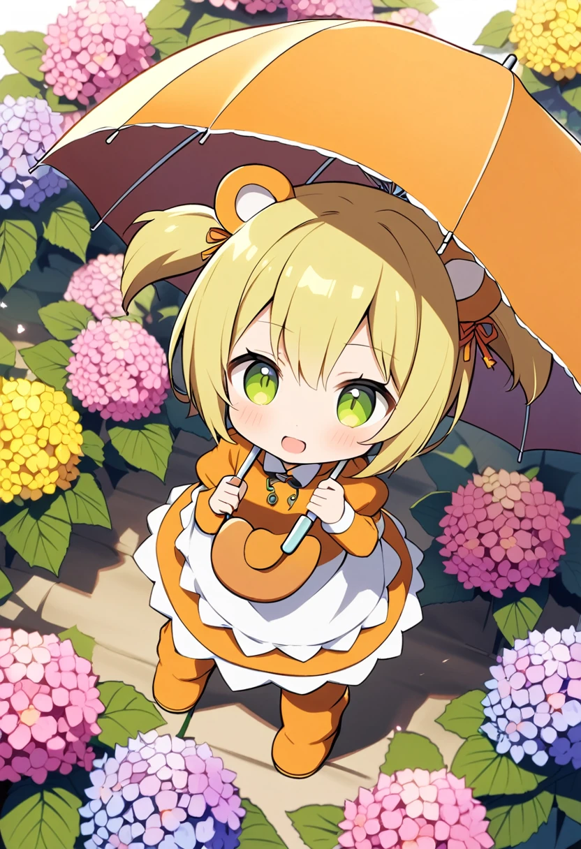 1girl,deltamon_beta, solo, (eyes highlight,((upturned eyes)),((Angle from above:1.3)),from above、Looking at camera,((umbrella:1.3)),
BREAK  {ponytail |short twintails | long hair |layered cut|bob cut},{black hair|brown hair|blonde hair},((idol)),((loli,Maid)),((chibi,loli)), (((hydrangea),a lot of flowers)),(bear full body costume Kigurumi),((Holding an umbrella:1.3))