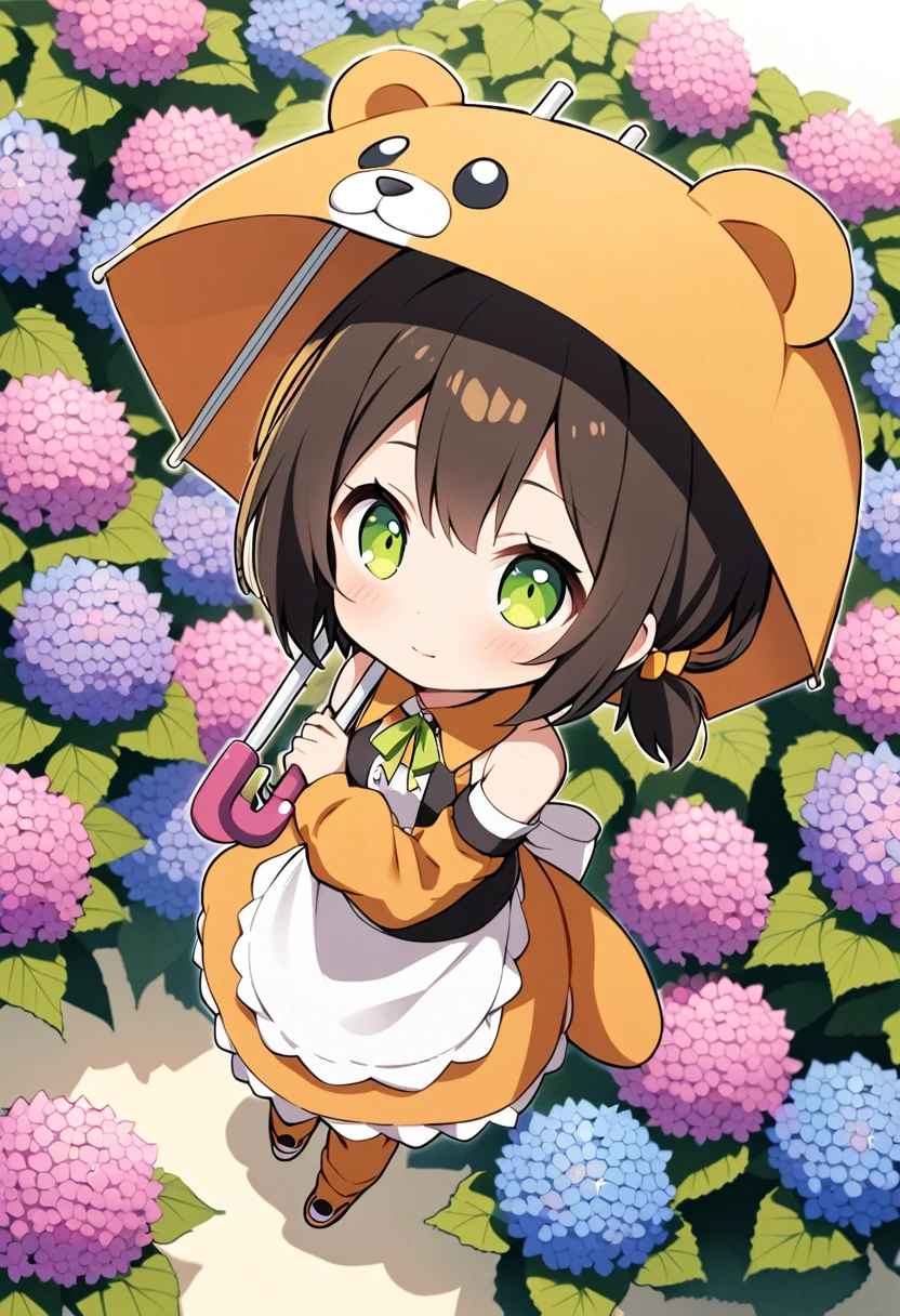 1girl,deltamon_beta, solo, (eyes highlight,((upturned eyes)),((Angle from above:1.3)),from above、Looking at camera,((umbrella:1.3)),
BREAK  {ponytail |short twintails | long hair |layered cut|bob cut},{black hair|brown hair|blonde hair},((idol)),((loli,Maid)),((chibi,loli)), (((hydrangea),a lot of flowers)),(bear full body costume Kigurumi),((Holding an umbrella:1.3))