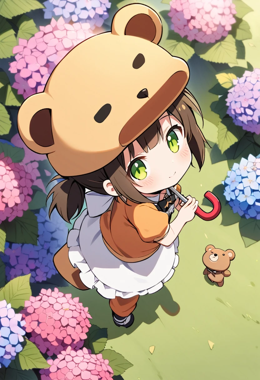 1girl,deltamon_beta, solo, (eyes highlight,((upturned eyes)),((Angle from above:1.3)),from above、Looking at camera,((umbrella:1.3)),
BREAK {ponytail |short twintails | long hair |layered cut|bob cut},{black hair|brown hair|blonde hair},((idol)),((loli,Maid)),((chibi,loli)), (((hydrangea),a lot of flowers)),(bear full body costume Kigurumi),((Holding an umbrella:1.3))