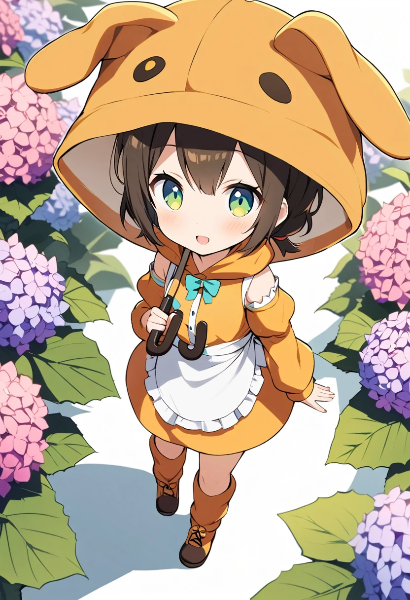 1girl,deltamon_beta, solo, (eyes highlight,((upturned eyes)),((Angle from above:1.3)),from above、Looking at camera,((umbrella:1.3)),
BREAK {ponytail |short twintails | long hair |layered cut|bob cut},{black hair|brown hair|blonde hair},((idol)),((,Maid)),((chibi,loli(((hydrangea),a lot of flowers)),(bear full body costume Kigurumi),((Holding an umbrella:1.3))