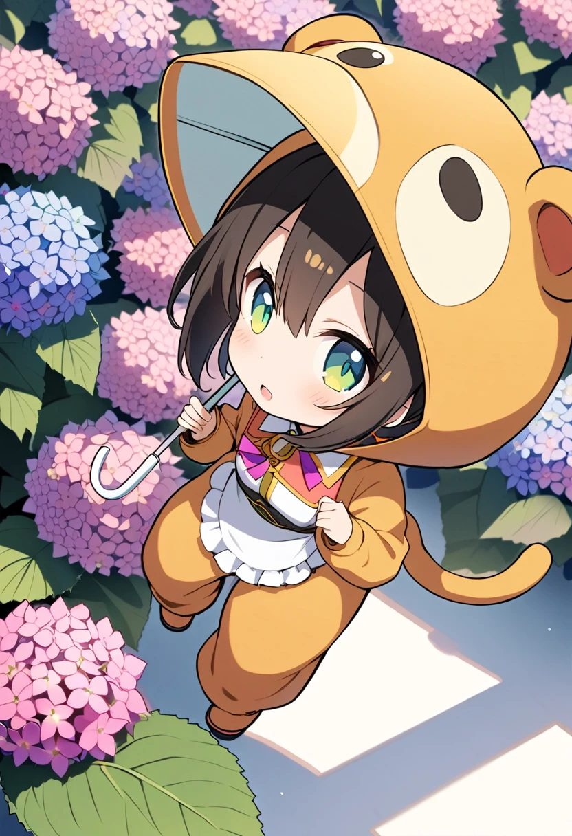 1girl,deltamon_beta, solo, (eyes highlight,((upturned eyes)),((Angle from above:1.3)),from above、Looking at camera,((umbrella:1.3)),
BREAK {ponytail |short twintails | long hair |layered cut|bob cut},{black hair|brown hair|blonde hair},((idol)),((loli,Maid)),((chibi,loli)), (((hydrangea),a lot of flowers)),(bear full body costume Kigurumi),((Holding an umbrella:1.3))