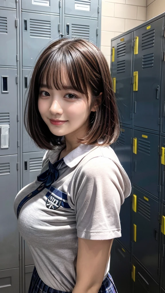 masterpiece, best quality, illustration, Super detailed, fine details, High resolution, 8K,wall paper, perfect dynamic composition,(Details High quality, realistic depiction of eyes:1.3), Upper body, front view, locker room、Leaning against a locker, Raise your arms above your head., High school girl uniform、blazer 、Colossal tits、Disturbed uniform, straight hair, black hair color, huge breasts, Big Natural Color Lip, crying a little、Harajuku style、20 year old girl, little smile