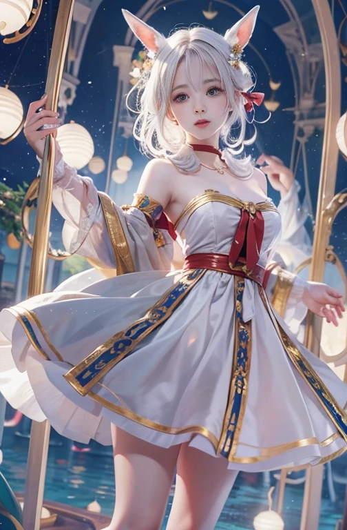 18-year-old, Wide-angle lens, Woman in ancient Greek costume、Woman enjoying merry-go-round at night,Shoulder out、thin、Serious expression、Short-haired、Deadly position, Gorgeous Necklace, Light milky porcelain skin, Smooth, Translucent white skin, Enchanting anime girl, Beautiful and seductive anime woman, Super realistic sweet bunny ears girl, Pale porcelain white skin, Smooth, Realistic and perfect body, Anime Girl Cosplay, Perfect body with realistic shadows, Switzerland&#39;masterpiece, There is a real white rabbit. Red eyes and blue eyes 