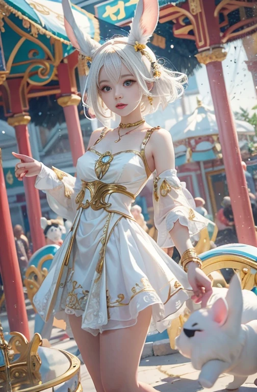 18-year-old, Wide-angle lens, Woman in ancient Greek costume、Woman enjoying merry-go-round at night,Shoulder out、thin、Serious expression、Short-haired、Deadly position, Gorgeous Necklace, Light milky porcelain skin, Smooth, Translucent white skin, Enchanting anime girl, Beautiful and seductive anime woman, Super realistic sweet bunny ears girl, Pale porcelain white skin, Smooth, Realistic and perfect body, Anime Girl Cosplay, Perfect body with realistic shadows, Switzerland'masterpiece, There is a real white rabbit. Red eyes and blue eyes