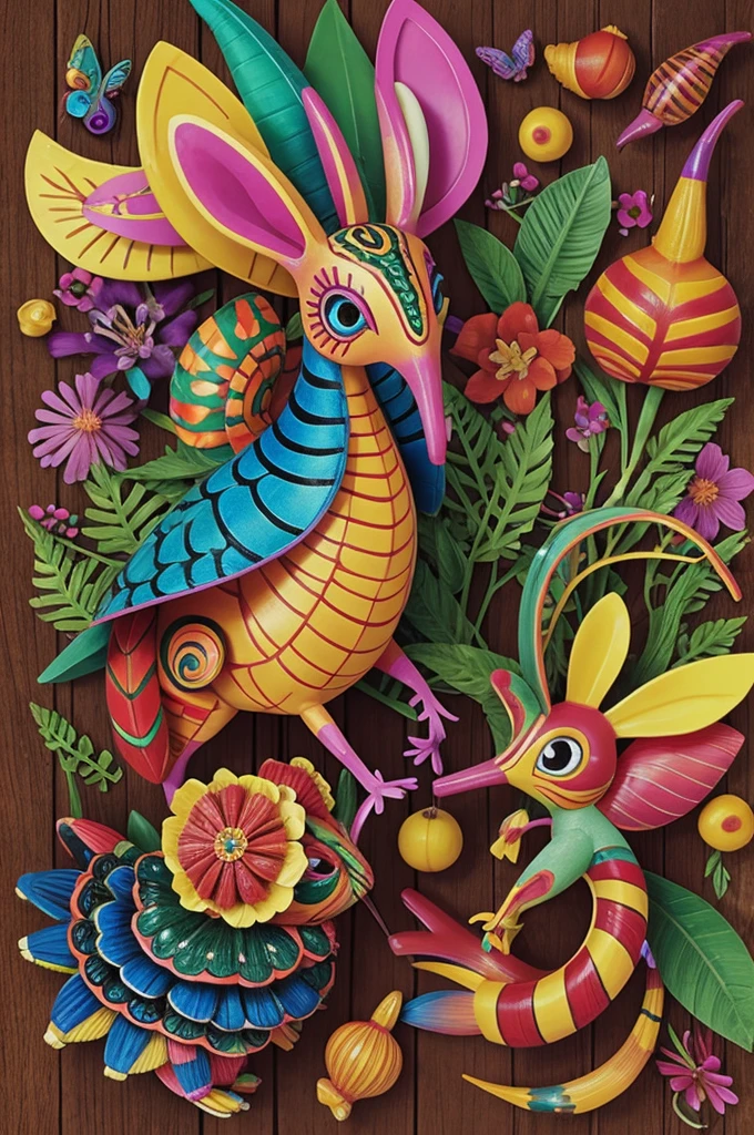 An alebrije with a snail shell, rabbit ears and hummingbird beak