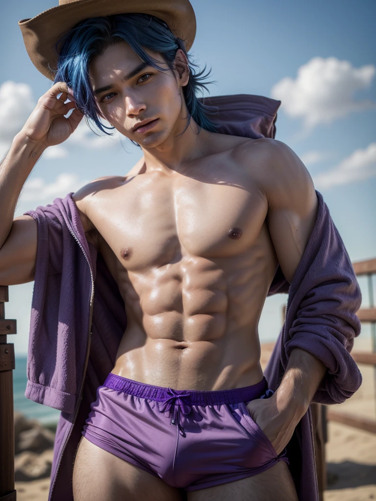 An attractive cowboy man with brown eyes, blue hair with purple touches on a hot day, in short red and purple underwear