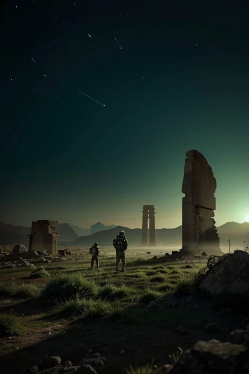 Astronauts exploring ancient ruins of an ancient alien civilization on an unknown planet green colors