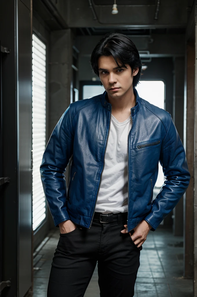 Man, full body, standing, glasess, black hair, blue leather jacket, blue eyes, hand in pocket, retro style, anime,