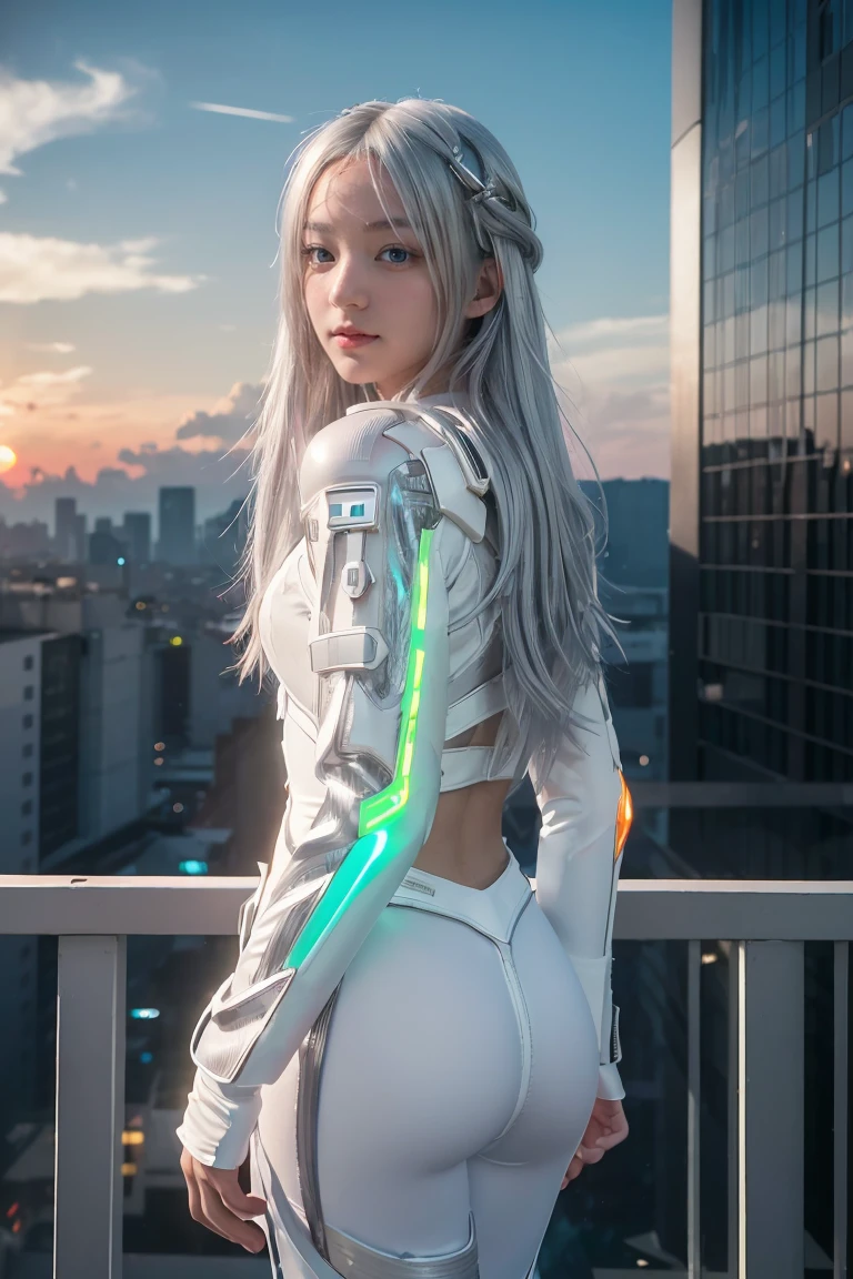 High Detail RAW color Photo,hyperrealistic,digital painting,wide shot,Full Shot,(lens flare:0.5), (bloom:0.5), portrait,(highly detailed, fine details, intricate), incredibly absurdres,(luxurious cyberpunk:1.4,Dystopian,sci-fi), concept art,ornate,
1girl,Lucy \(cyberpunk\),European_Girls,(cute female arterial intelligence,robot, cyborg:1.5),(robotic parts,augmentations,mechanical arms, mechanical legs,silver halmet), (cybernetic implants:1.4,cable electric wires, microchip,metal,silicone),from side,grey eyes,looking to the side,asymmetrical hair, standing,holding_weapon,battle_rifle,handgun,belt, (shiny, tight soft light suit),covered mouth, covered navel, detached sleeves,(wearing see-through white chemise),hip vent, open jacket,metallic bone exposed,toned physique, large ass, (pale skin),(detailed skin, diffused skin pores),HQ, angelic, decorations, embellishments,hard edge,
breathtaking,outdoors, ((in surreal planet Raphael Lacoste)),night, (electricity, bright neon colors,sprawling cyberpunk city skyline), turbulent storm, rain,smog,tendrils, spirals, dust,(((flying ships))), (badlands:0.8), (observitory:0.7),
<lora:pureInnocentGirl_v20:0.4>