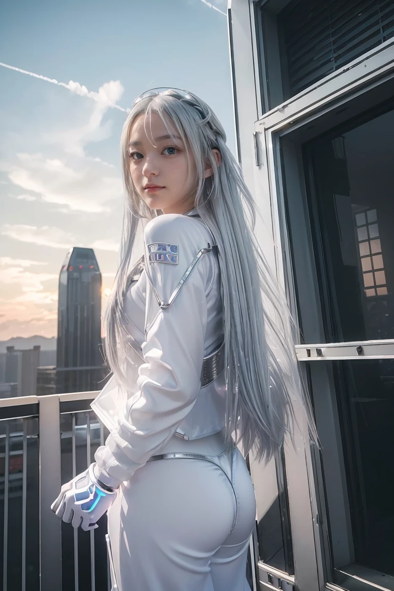 ((masterpiece, best quality, extremely detailed), volumetric lighting, ambient occlusion, colorful, glowing),
1girl, solo, young girl, (silver hair), long hair, halo, aura, sacred, goddess, cyber suit, (white outfit:1.3),
outdoors, sunset, sky, clouds, space, (cyberpunk theme:1.2),