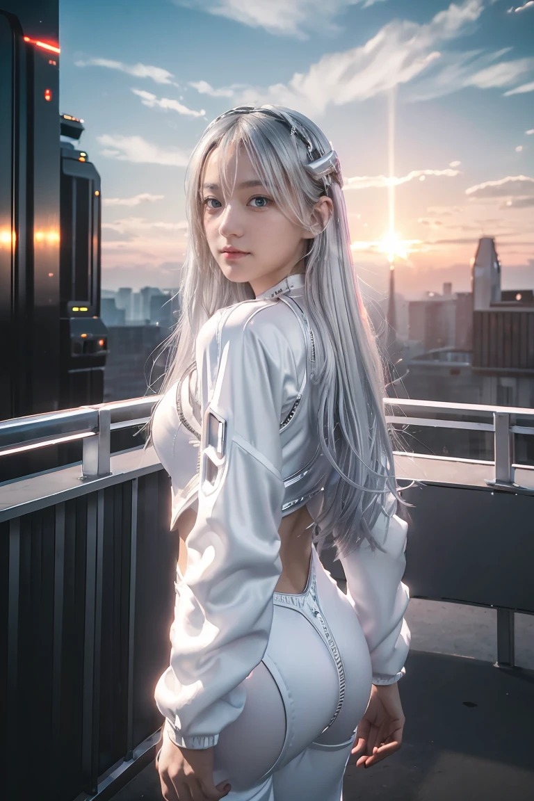 ((masterpiece, best quality, extremely detailed), volumetric lighting, ambient occlusion, colorful, glowing), 
1girl, solo, young girl, (silver hair), long hair, halo, aura, sacred, goddess, cyber suit, (white outfit:1.3), 
outdoors, sunset, sky, clouds, space, (cyberpunk theme:1.2),