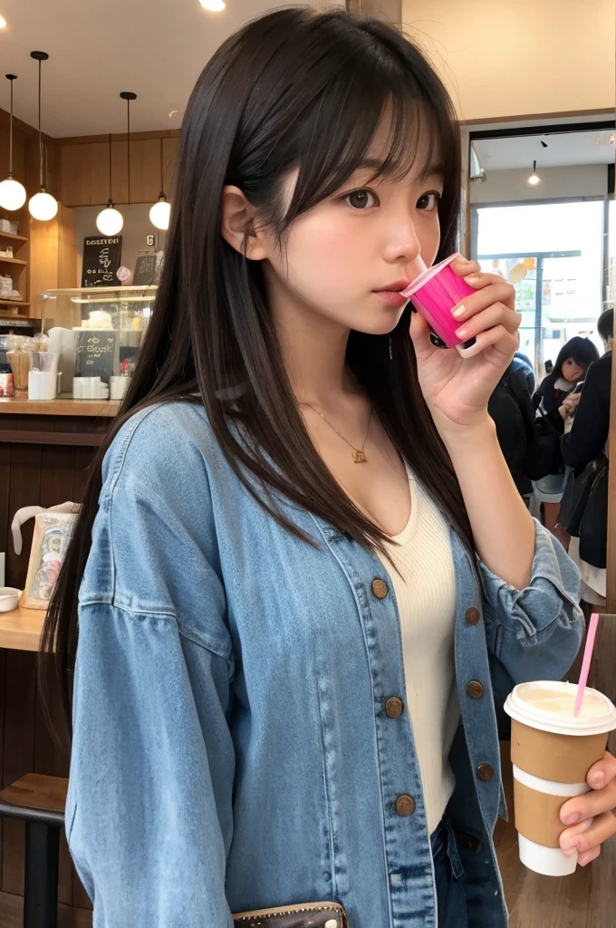 Long hair Japanese woman。Young。Wearing clothes that emphasize the bust。
Drinking juice at a coffee shop。