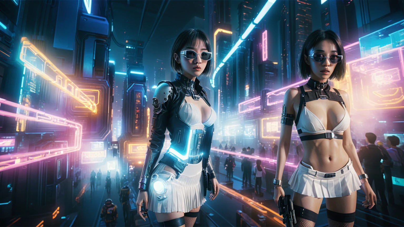 Cyberpunk female plagiarist immersed in digital theft, neon-lit alias within a vast online labyrinth, grotesque grunge brushing into surrealism, illuminated by kaleidoscopic volumetric light, a detailed masterpiece reminiscent of Moebius' distinctive style, deep focus, heightened depth field, psychedelic undertones amplified in a cinematic shot, (((((aerial view of cyberpunk city at night))))), (((((1girl, solo, alone))))), photo realistic, (((((large-breast:1.4 slim body, cleavage:1.4))))), (((off broken mini sling-shirt and black sling bra, (((extreamly short white pleated miniskirt, micro panty)))))), (((((running pose))))), (((((((matrix style black micro sunglasses))))))), ((((((((((aiming with a short gun)))))))))), (((((looking at camera))))), (((very low view))), (((((half-body thigh level medium shot))))), (((cinematic lighting))).