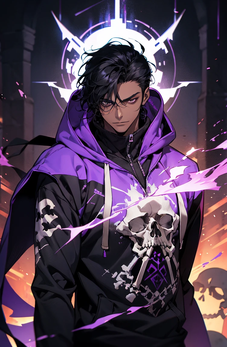 male with bones, looking away from camera, skulls, bones, handsome, black, dark skin, tall, broad shoulders, black hair, purple, purple fire, magic, detailed face, fantasy, hoodie
