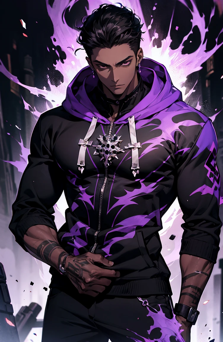 male with bones, looking away from camera, skulls, bones, handsome, black, dark skin, tall, broad shoulders, black hair, purple, purple fire, magic, detailed face, fantasy, hoodie
