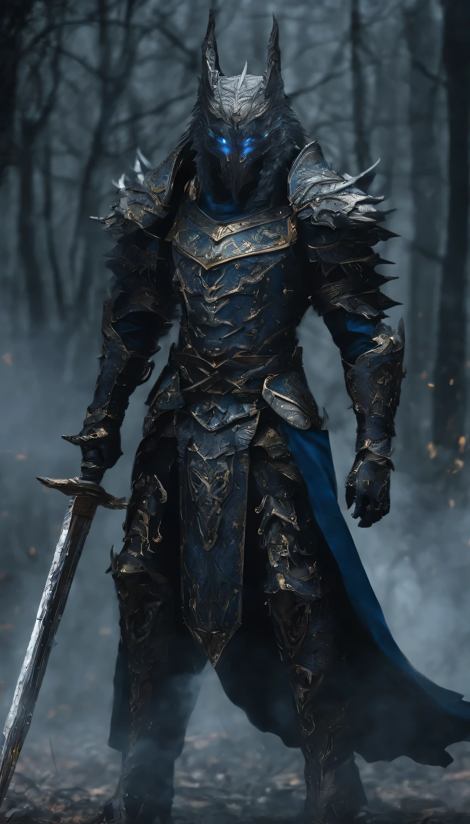 warrior, conceptual artwork, Fantasyart, battlefield background, clean rendering, Wear armor, Bushido detailed in the form of smoke, helmet of a wolf deity, character is standing holding a sword, 8k realistic, in game rendering, detailed detail of the bottom of the face, Art station front page, bull, Fantasia pseudo-medieval, A deity wearing wolf armor, detailed blue and gold wolf armor, blue and wolf golden armor, Gold engraved armor, light blue armor, Beautiful filigree armor, A wolf armor warrior, Beautiful armor full of jewels, Complex killer armor, Complex metal armor, powerful warrior, Dressed in beautiful blue armor,Decorated with intricate patterns, Helmet in the shape of a wolf's head ,glare eyes, standing in a dark forest, The smoky background alludes to battle scenes, Add a sinister aura to your character,submission, full body shot shot.