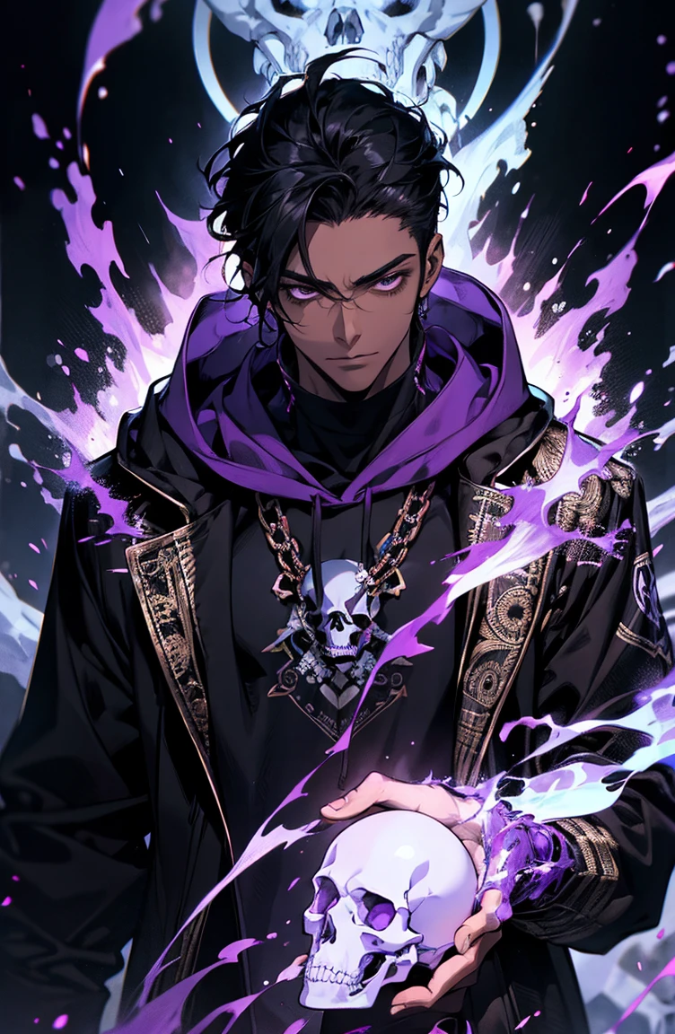 male with bones, looking away from camera, skulls, bones, handsome, black, dark skin, tall, broad shoulders, black hair, purple, purple fire, magic, detailed face, fantasy, hoodie