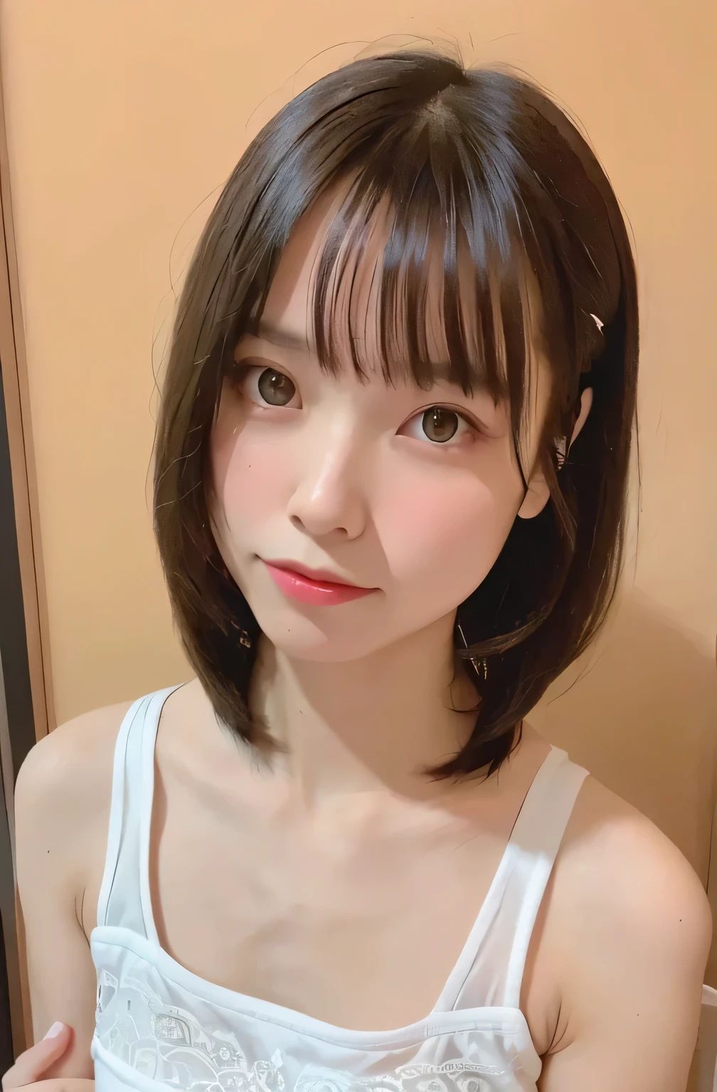 nude, ((Highest quality, 8K, Tabletop: 1.3, RAW Photos)), Sharp focus: 1.2, (1. AESPA Girl :1.1), (alone: 1.15), (Realistic, Realistic: 1.37), (Face Focus: 1.1), Cute face, Ultra detailed face, Bob cut with bangs, Small breasts, Flat Chest, Cafe, Night Bar, From below