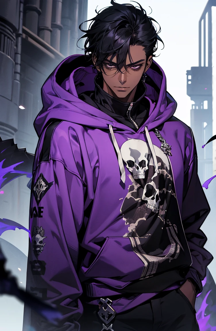 male with bones, looking away from camera, skulls, bones, handsome, black, dark skin, tall, broad shoulders, black hair, purple, purple fire, magic, detailed face, fantasy, hoodie