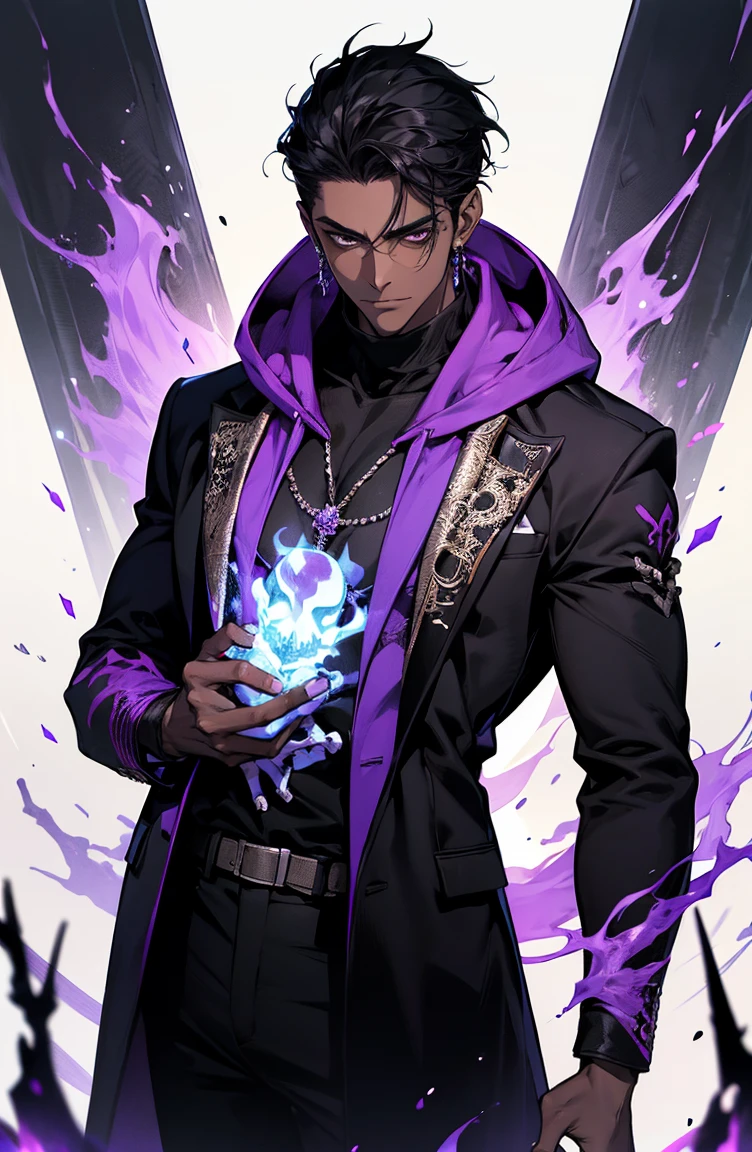 male with bones, looking away from camera, skulls, bones, handsome, black, dark skin, tall, broad shoulders, black hair, purple, purple fire, magic, detailed face, fantasy, hoodie
