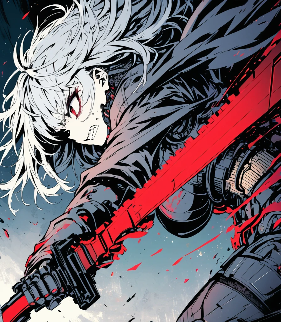 extremely detailed 8K CG, ultra-detailed:1.3, ultra delicate and detailed face:1.3, (absurdres, texture, masterpiece), pixiv contest winner, by Posuka Demizu, from side, BREAK, turning the face and body to the left:1.4, full body, dynamic manga-style illustration of the cyborg samurai girl is full of tension, with sharp eyes and gritted teeth, BREAK, she holds her sword and faces to the left. The world is dark and full of passion, the color scheme is blood red and gray, she's bending forward and glaring, her kimono torn in places, exposing her mechanical body.
