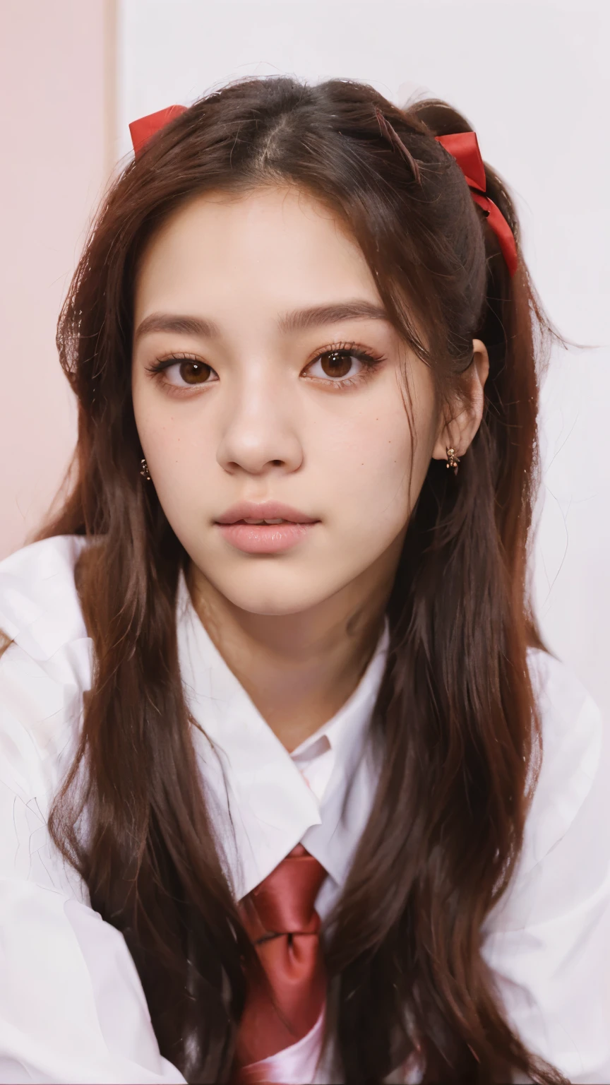 a closeup of a woman with long hair and a red tie, retrato de Jisoo from Blackpink, Portrait of Blackpink's Jossi, parque me, sun yunjoo, female korean idol portrait, lalisa manobal, pale korean adorable face, Jisoo from Blackpink, South Korean popular makeup, Jisoo from Blackpink, kpop idol portrait, jaeyeon nam, jinyoung shin