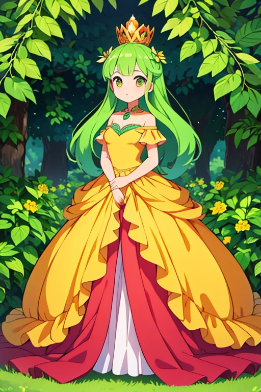 It stands tall and majestic, resembling a fully mature mango tree in bloom. Mangoflora's body is adorned with vibrant green leaves and clusters of ripe mango fruits , queen , humanoid pokemon , ball gown , mangoes