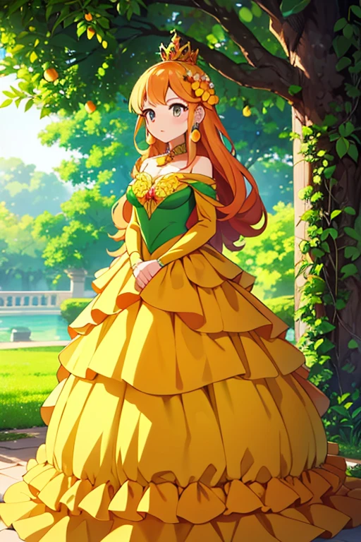 It stands tall and majestic, resembling a fully mature mango tree in bloom. Mangoflora's body is adorned with vibrant green leaves and clusters of ripe mango fruits , queen , humanoid pokemon , ball gown , mangoes