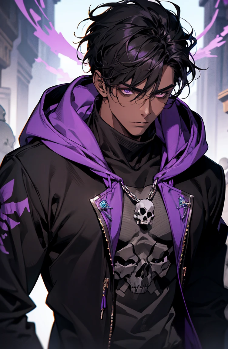 male with bones, looking away from camera, skulls, bones, handsome, black, dark skin, tall, broad shoulders, black hair, purple, purple fire, magic, detailed face, fantasy, hoodie