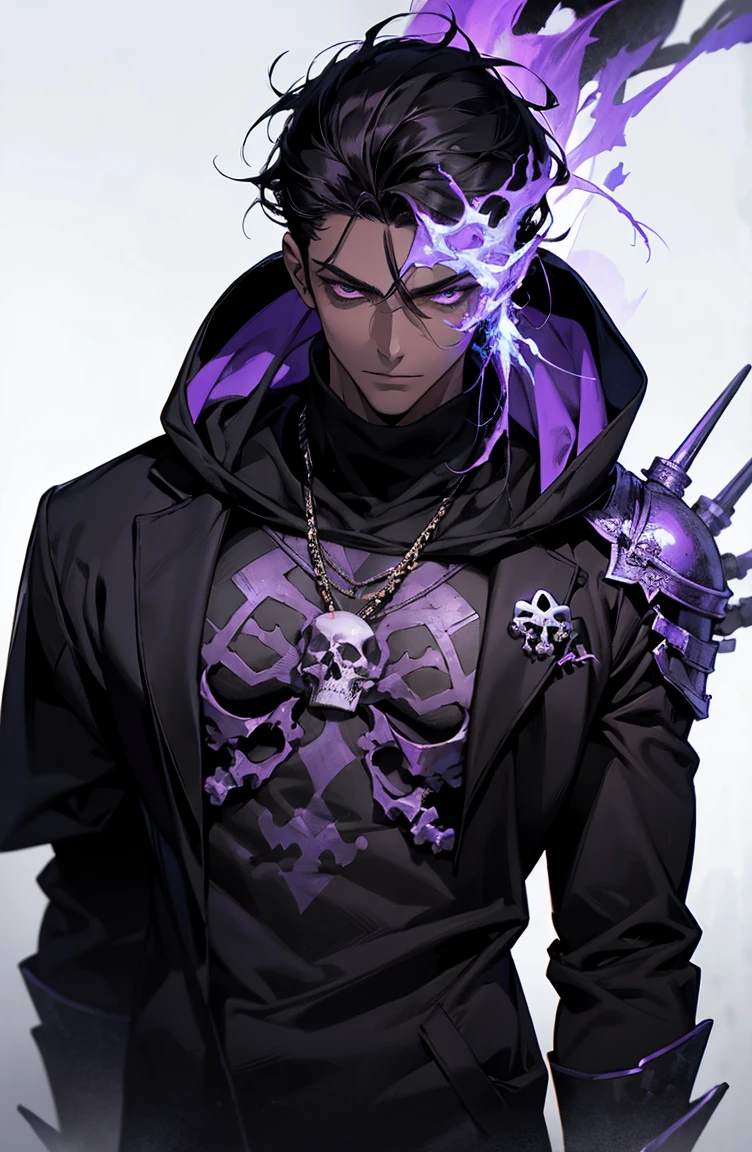 male with bones, looking away from camera, skulls, bones, handsome, black, dark skin, tall, broad shoulders, black hair, purple, purple fire, magic, detailed face, fantasy, hoodie
