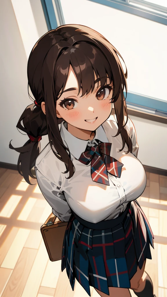 masterpiece, top-quality, dark brown hair:1.5、straight haired、Pony tail、Brown eyes、Big breasts、White blouse shirt, Tartan checked skirt, The upper part of the body, From above, Look at viewers, cheeky grin, Grinning, After-school classroom