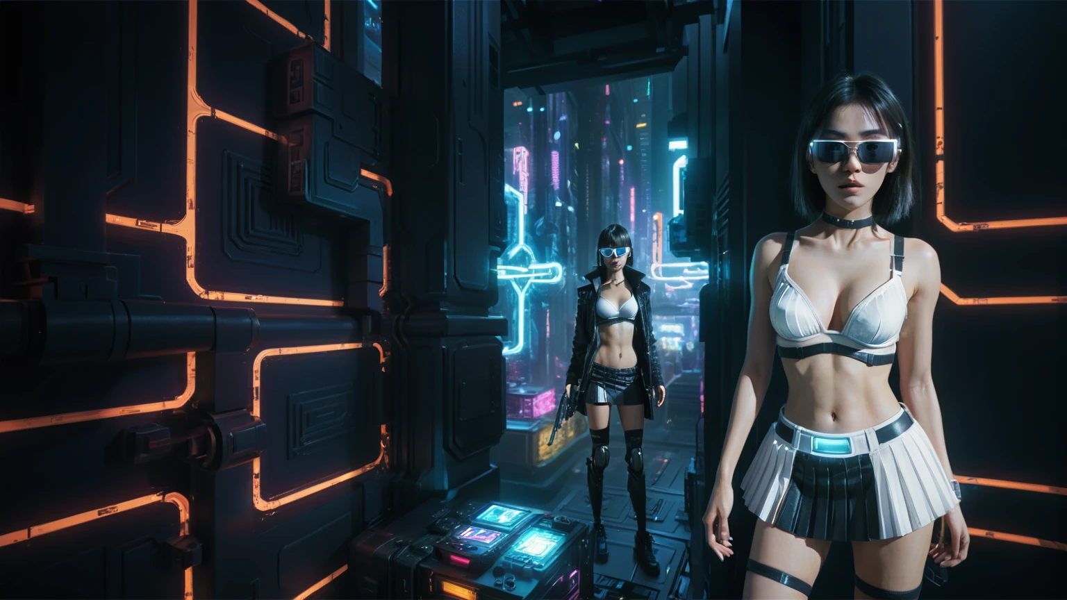 Cyberpunk female plagiarist immersed in digital theft, neon-lit alias within a vast online labyrinth, grotesque grunge brushing into surrealism, illuminated by kaleidoscopic volumetric light, a detailed masterpiece reminiscent of Moebius' distinctive style, deep focus, heightened depth field, psychedelic undertones amplified in a cinematic shot, (((((aerial view of cyberpunk city at night))))), (((((1girl, solo, alone))))), photo realistic, (((((large-breast:1.4 slim body, cleavage:1.4))))), (((off broken mini sling-shirt and black sling bra, (((extreamly short white pleated miniskirt, micro panty)))))), (((((running pose))))), (((((((matrix style black micro sunglasses))))))), ((((((((((aiming with a short gun)))))))))), (((((looking at camera))))), (((very low view))), (((((half-body thigh level medium shot))))), (((cinematic lighting))).