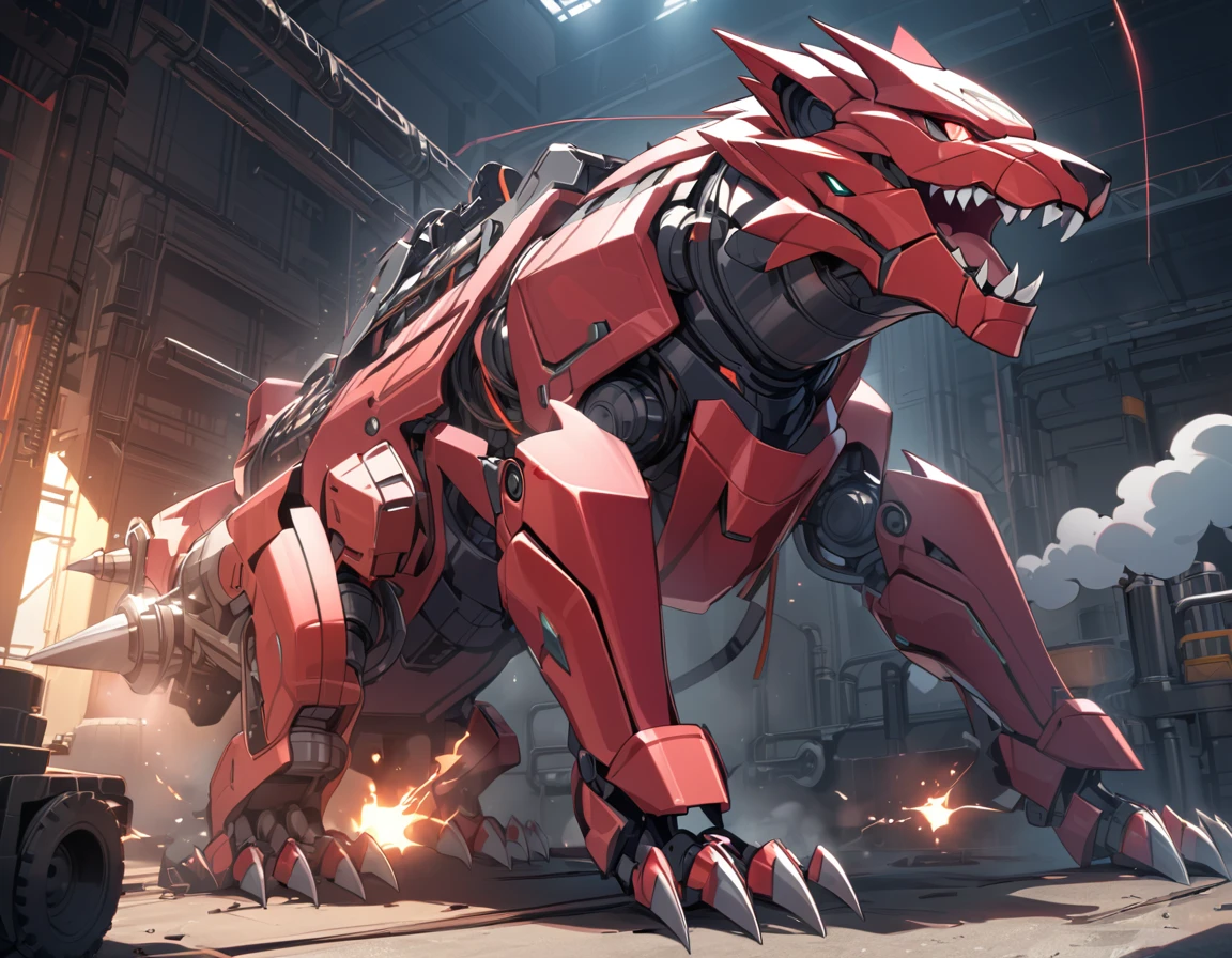 ((Masterpiece)), ((Best Quality)), (Very Detailed), ((Very Detailed)), 4K, (8K), very aesthetic, absurdres highres, create an image of a robotic mechanical beast in the form of a tiger, equipped with weaponry such as laser cannons and missiles suitable for a science fiction story. The mechanical tiger should have intricate details with gears, pistons, and metallic plates, glowing red eyes, steam coming out from its joints, visible wiring, hydraulic tubes, and a sense of wear and tear. It should have an aggressive stance, ready to pounce, with sharp claws and teeth made of polished steel, set against a dark, industrial background with hints of machinery and metal structures,